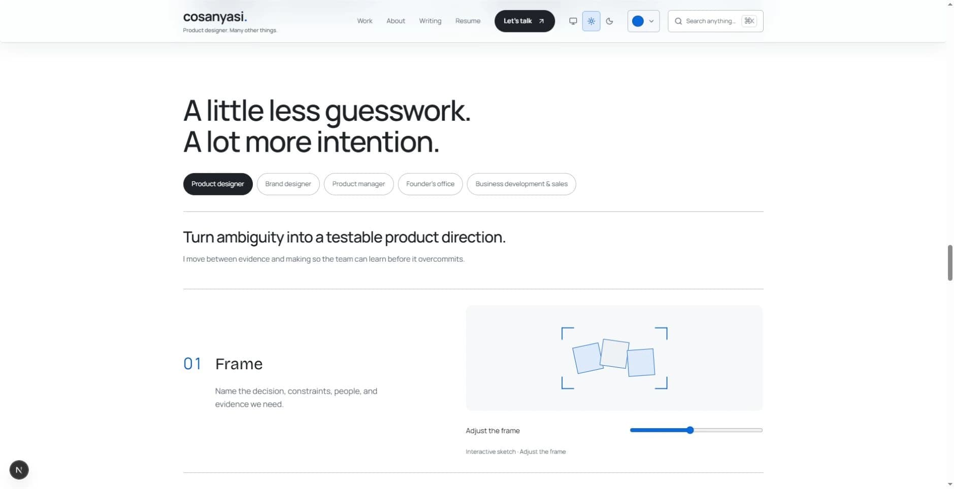 The homepage approach section with five role tabs, a slider, and controls for testing a direction.