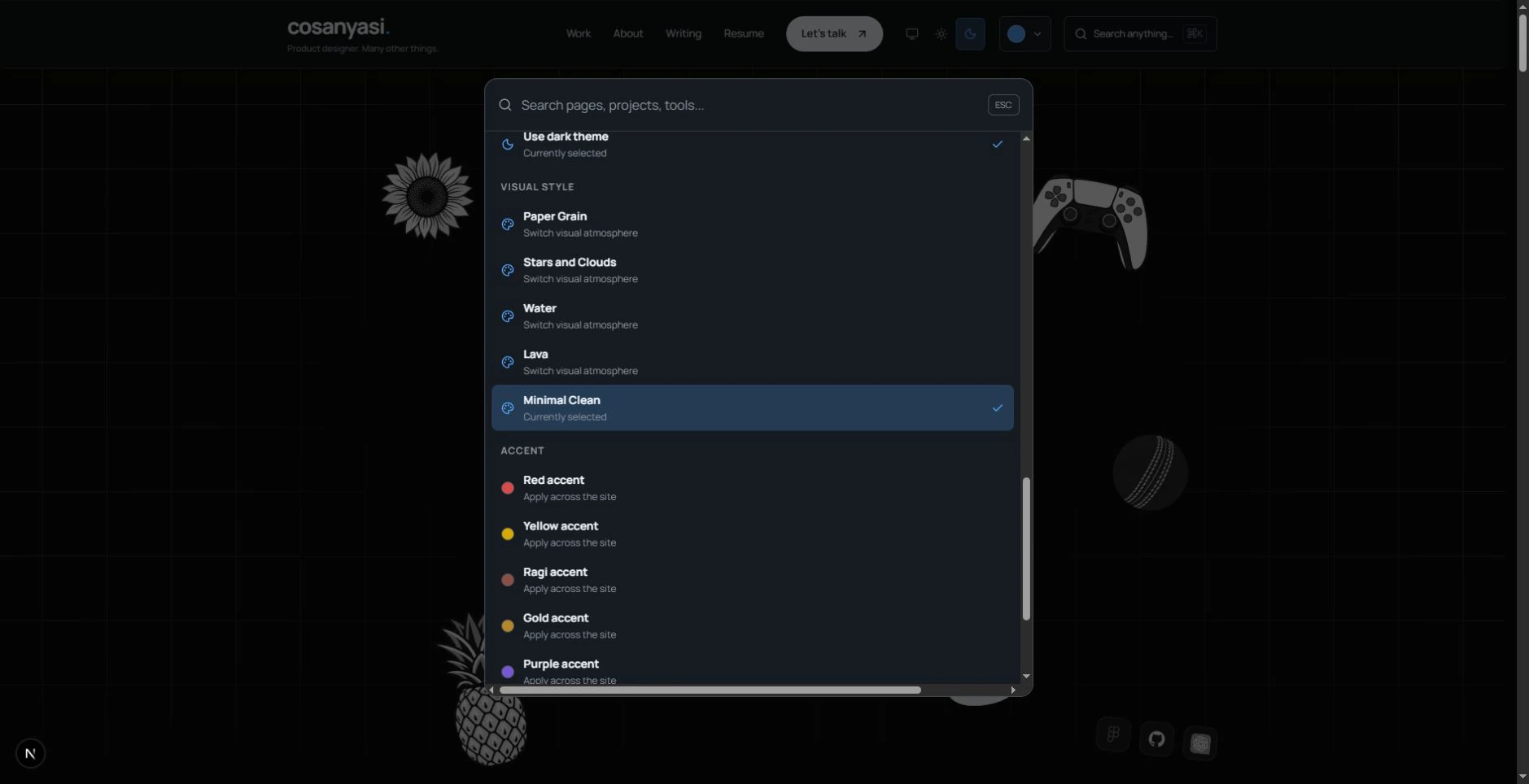 The open command menu shows five visual styles and accent commands.