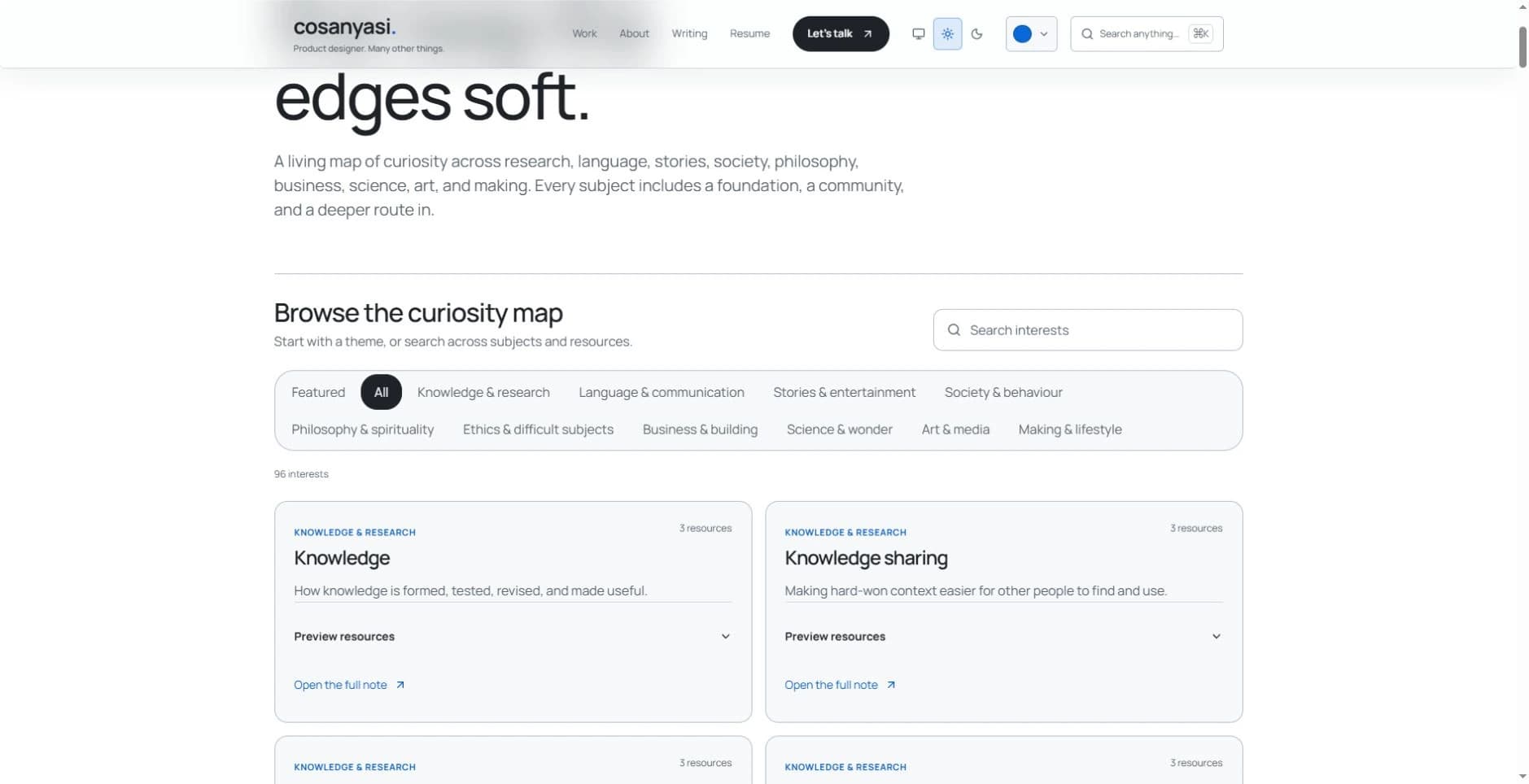 The interests directory showing its All filter, subject groups, search, and 97-interest count.