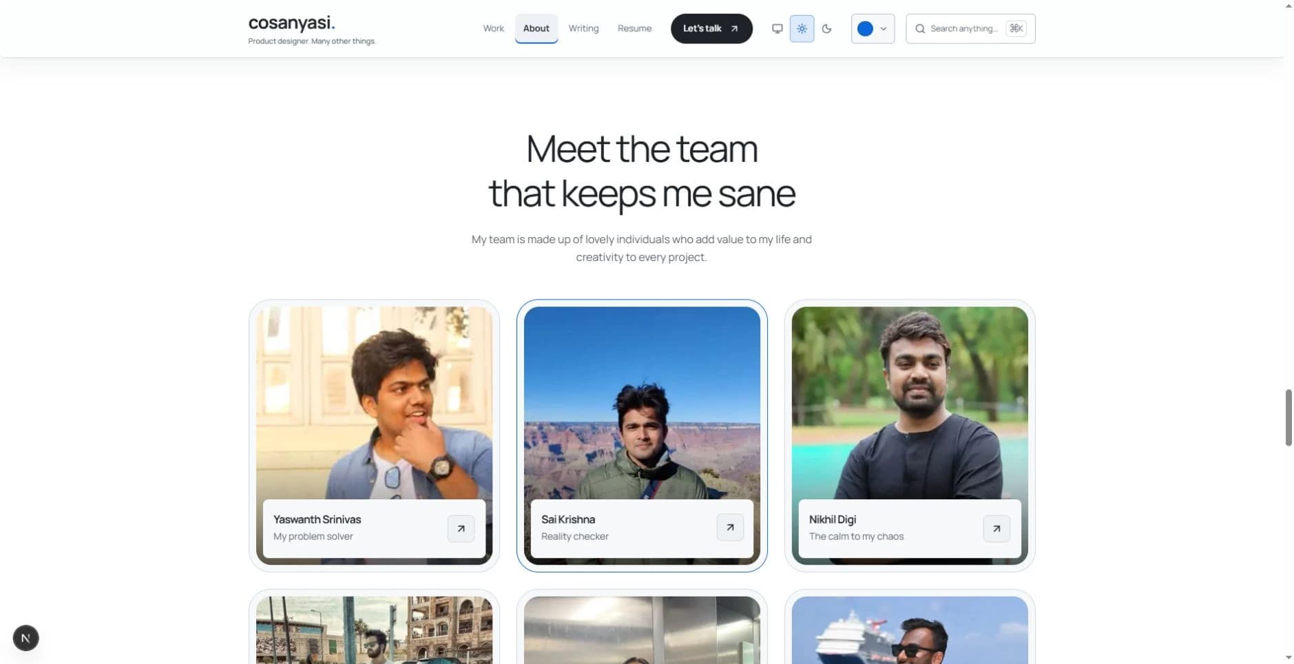 The About page introduces friends in photo cards under Meet the team that keeps me sane.