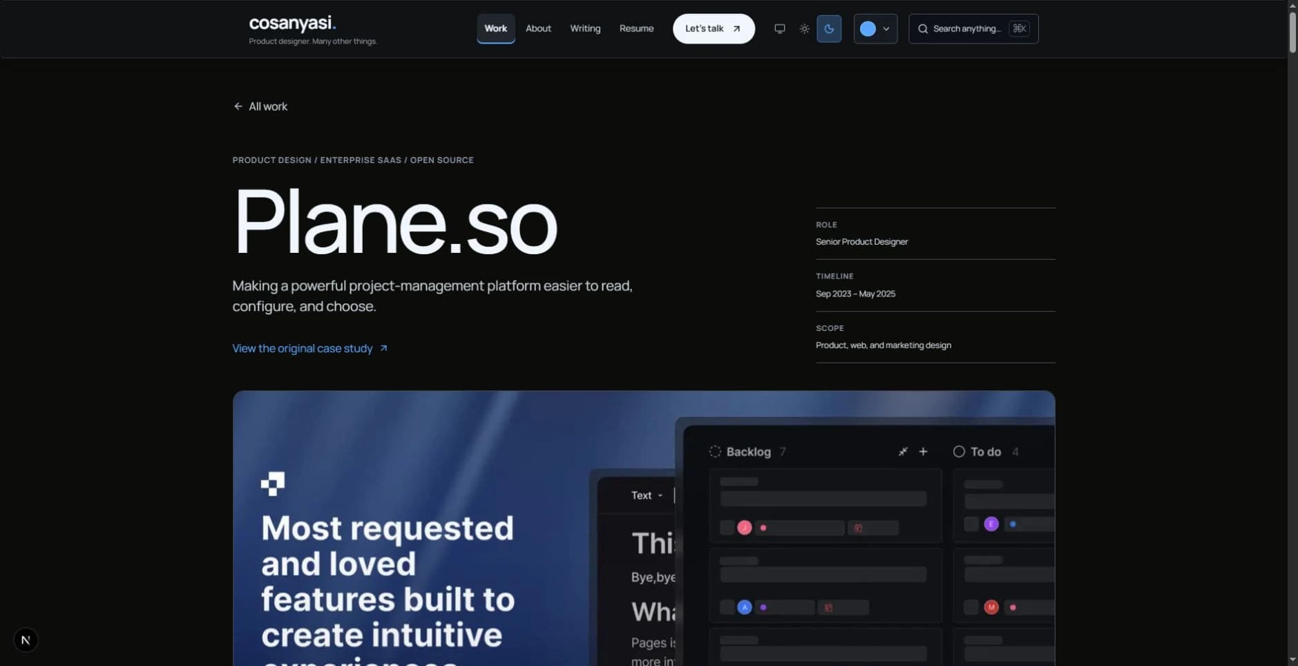 The Plane.so case study opens with its own product story layout.