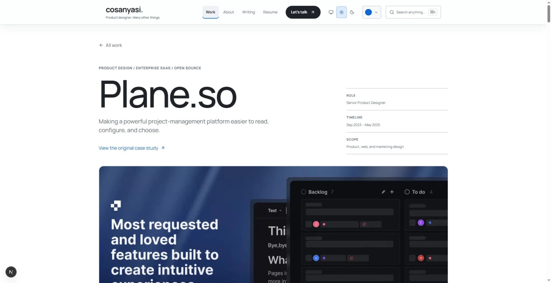 The Plane.so case study opens with its own product story layout.