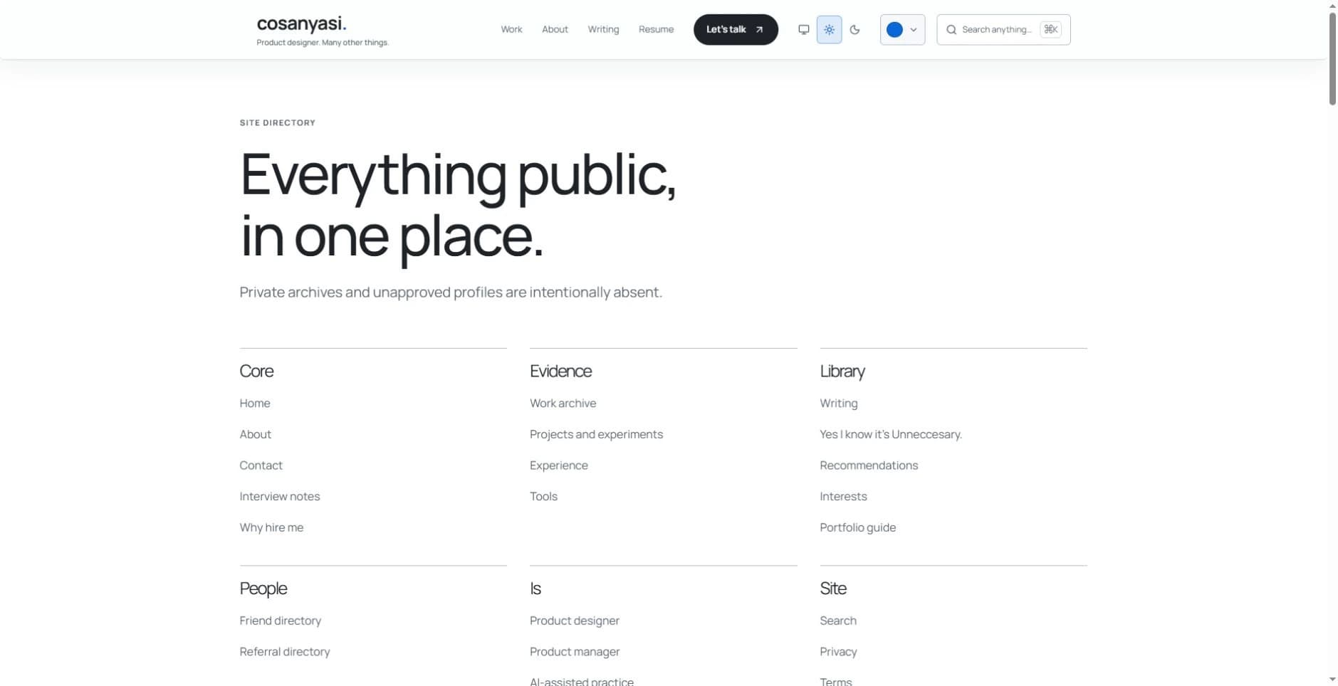 The human-readable sitemap groups work, roles, writing, and personal pages.