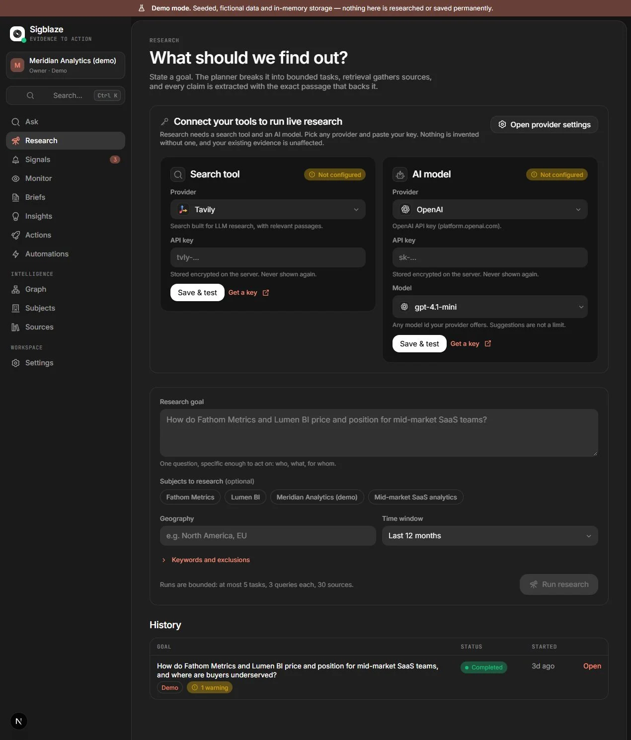 The research form asks for a goal, subjects, geography and a time window. The demo explicitly requests provider setup before a live run.