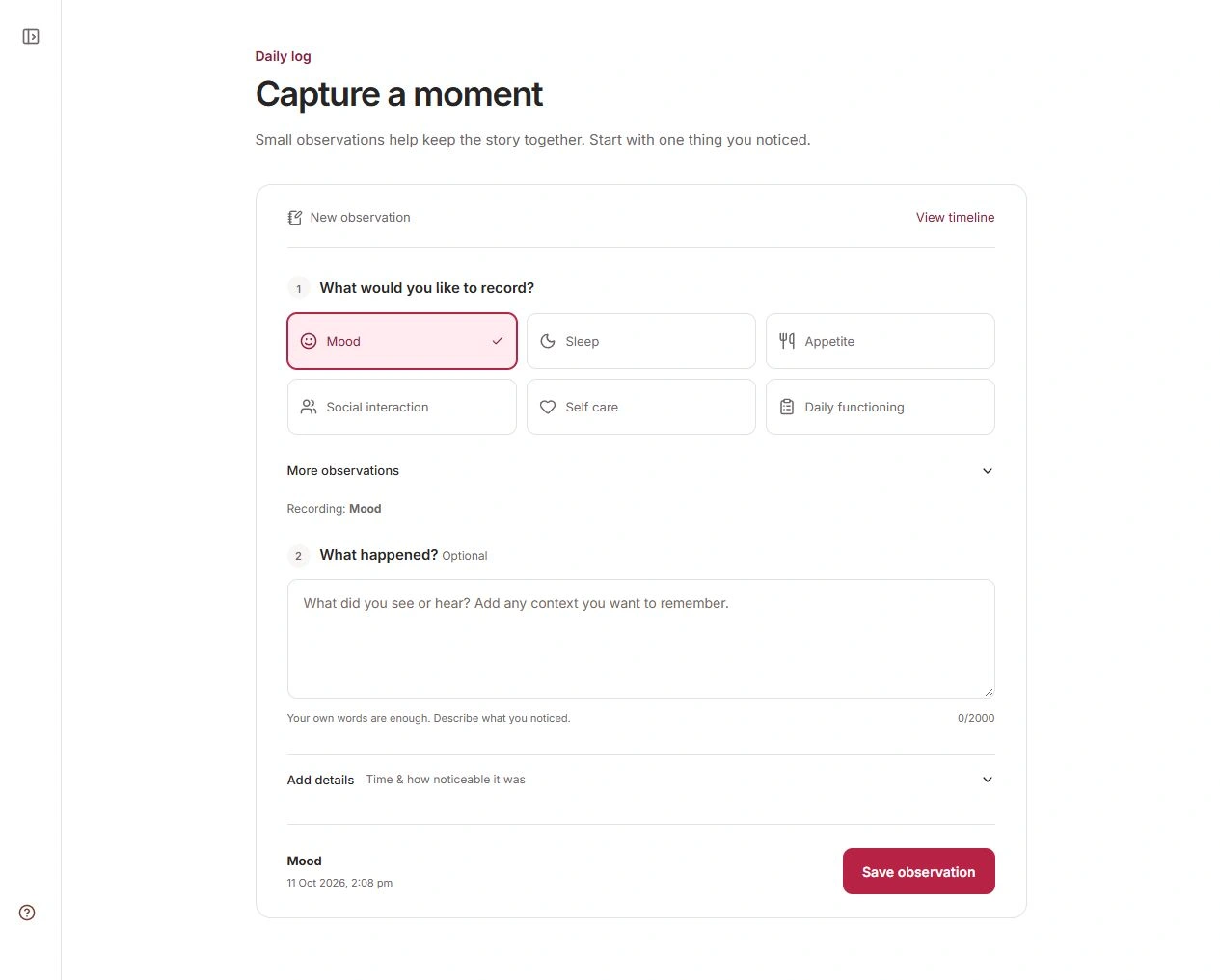 Actual SizoCare daily observation form with category choices, an empty note field and optional details