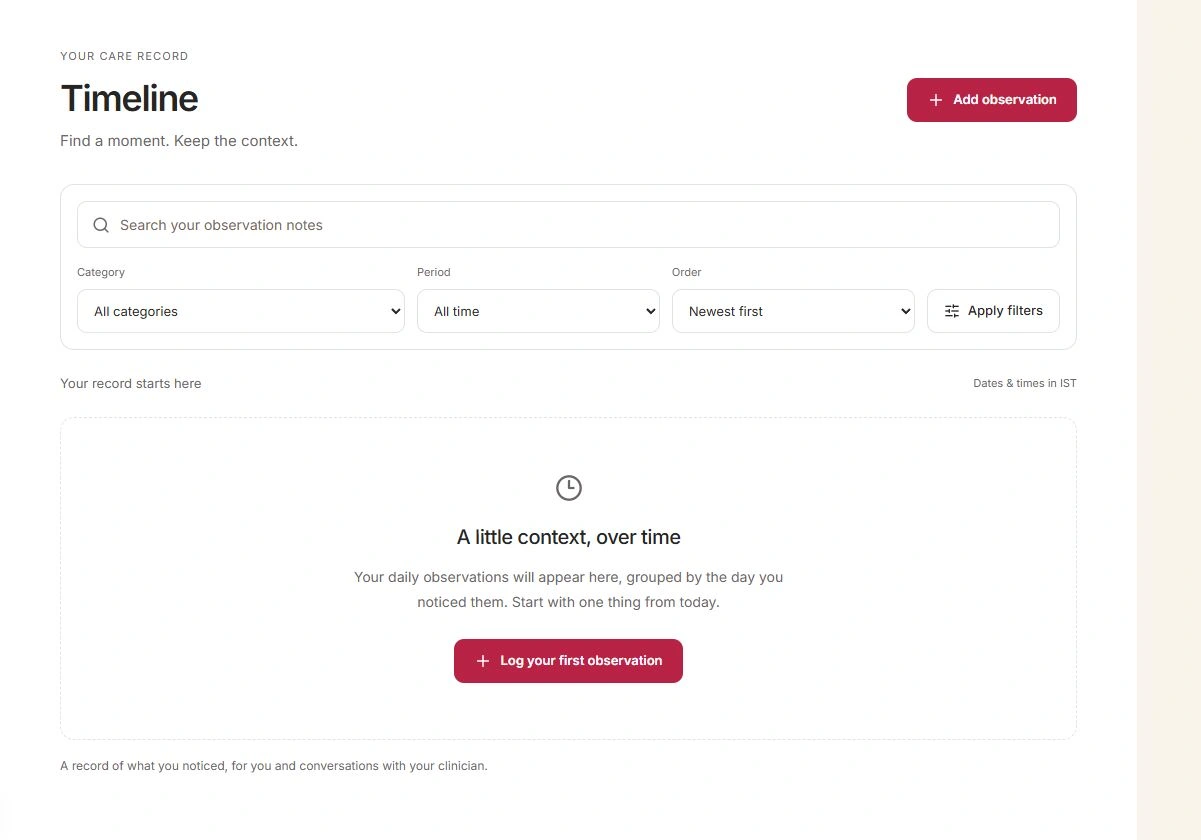 Actual SizoCare Timeline with observation filters and its empty care-record state